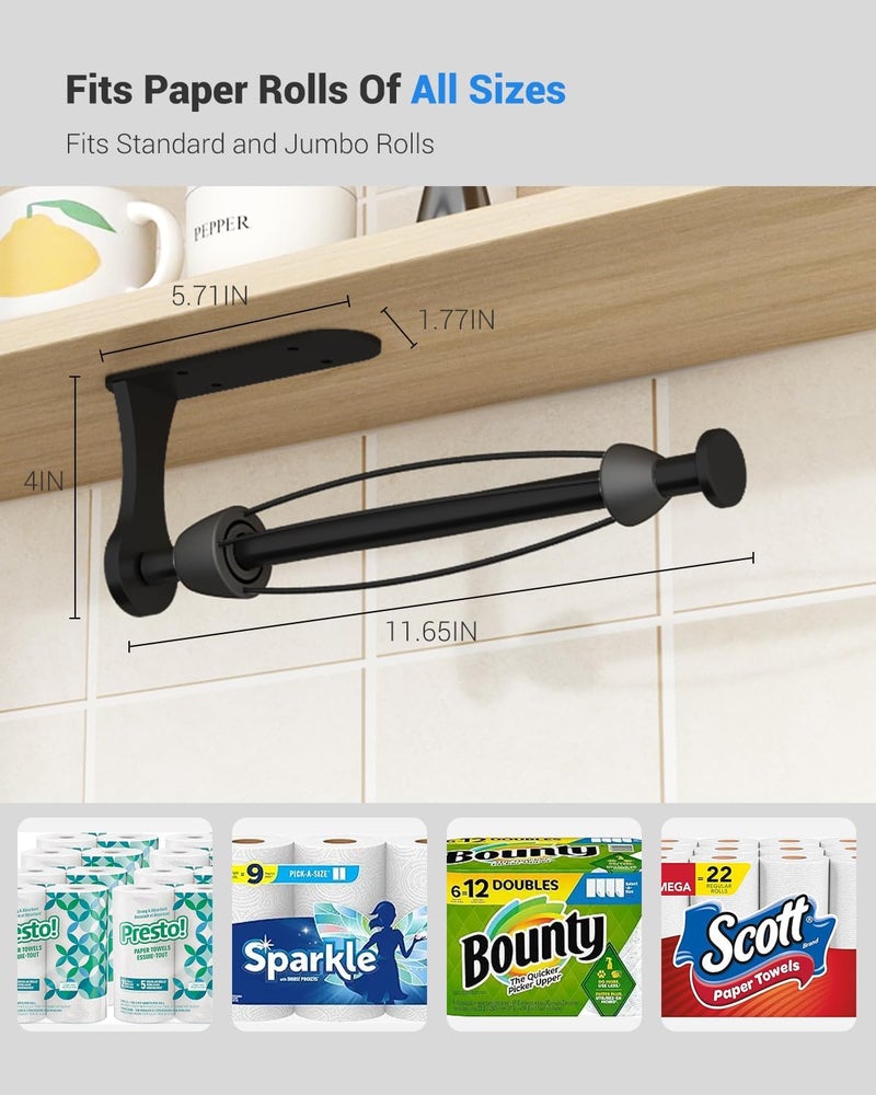 Swaitee Paper Towel Holder Under Cabinet, One-Handed Tear, Wall Mount, Adhesive, Black, Paper Roll Holder with Ratchet Mechanism for Kitchen Bathroom Farmhouse Essentials Decor Accessories - Image 4